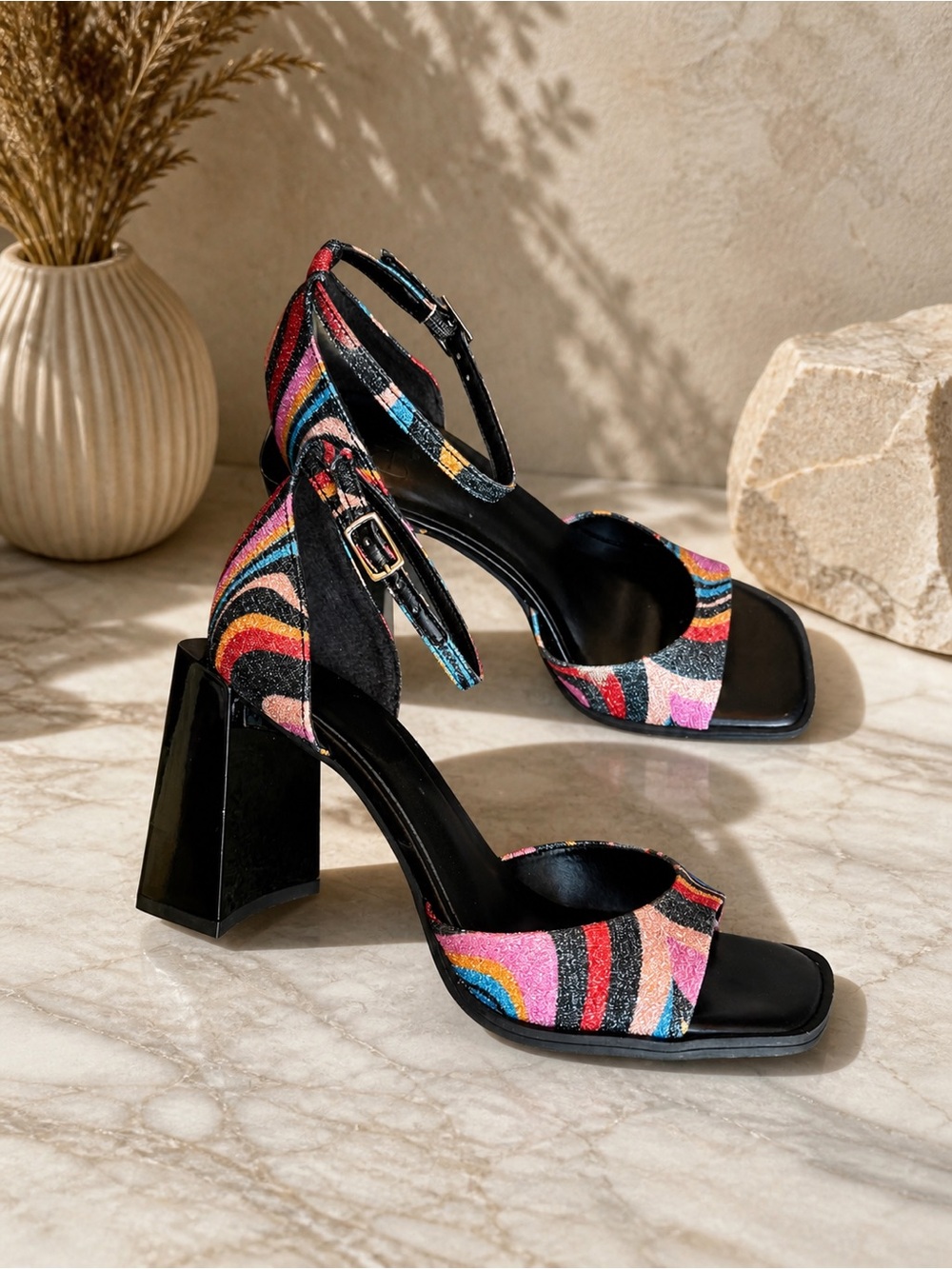 GB Gianni Bini Role-Model Swirl Multicolor Sandals Sz 6 Strappy Block Heel NWOB